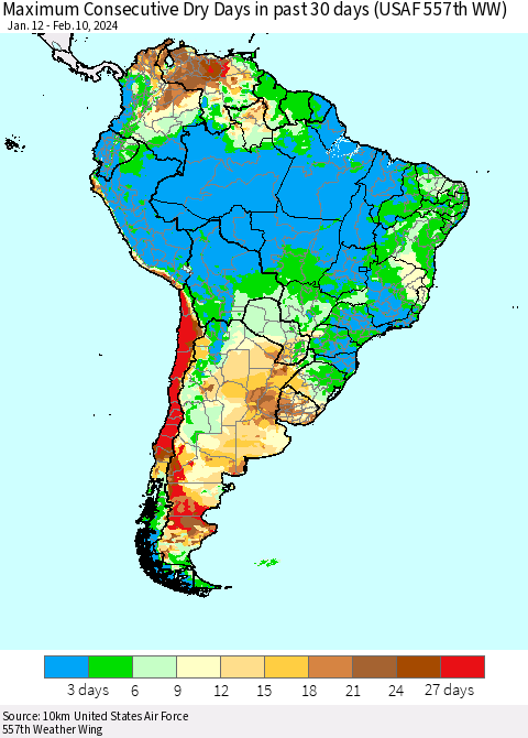 South America Maximum Consecutive Dry Days in past 30 days (USAF 557th WW) 02/10/2024 Thematic Map For 2/6/2024 - 2/10/2024