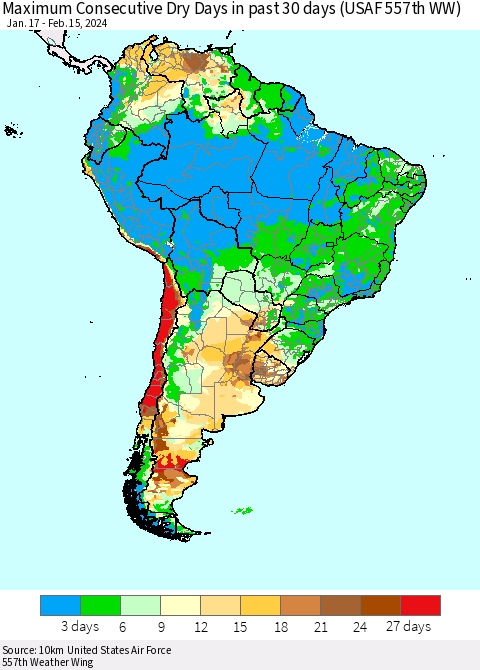 South America Maximum Consecutive Dry Days in past 30 days (USAF 557th WW) 02/15/2024 Thematic Map For 2/11/2024 - 2/15/2024