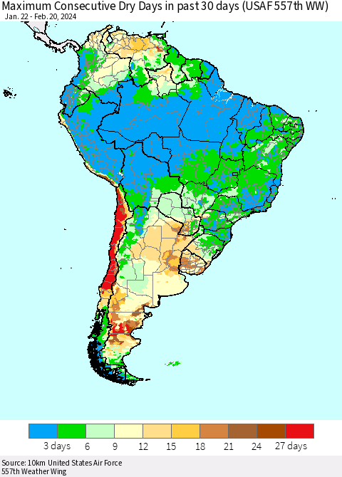 South America Maximum Consecutive Dry Days in past 30 days (USAF 557th WW) 02/20/2024 Thematic Map For 2/16/2024 - 2/20/2024