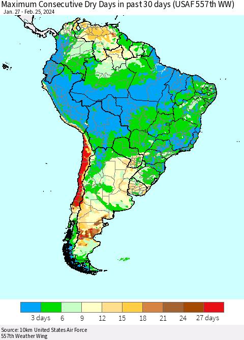 South America Maximum Consecutive Dry Days in past 30 days (USAF 557th WW) 02/25/2024 Thematic Map For 2/21/2024 - 2/25/2024