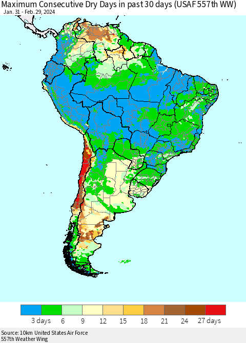South America Maximum Consecutive Dry Days in past 30 days (USAF 557th WW) 02/29/2024 Thematic Map For 2/26/2024 - 2/29/2024