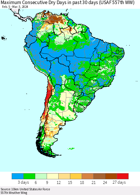 South America Maximum Consecutive Dry Days in past 30 days (USAF 557th WW) 03/05/2024 Thematic Map For 3/1/2024 - 3/5/2024