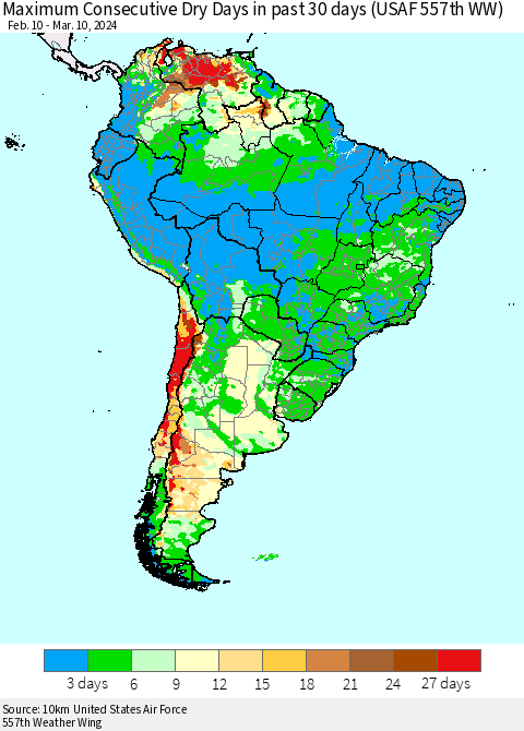 South America Maximum Consecutive Dry Days in past 30 days (USAF 557th WW) 03/10/2024 Thematic Map For 3/6/2024 - 3/10/2024