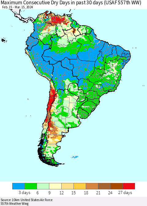 South America Maximum Consecutive Dry Days in past 30 days (USAF 557th WW) 03/15/2024 Thematic Map For 3/11/2024 - 3/15/2024