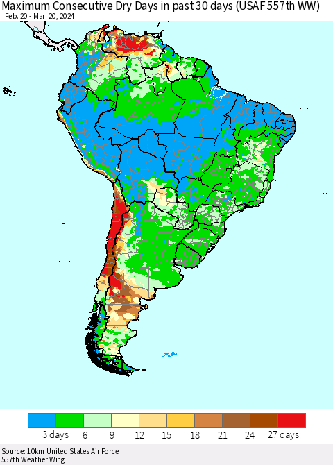 South America Maximum Consecutive Dry Days in past 30 days (USAF 557th WW) 03/20/2024 Thematic Map For 3/16/2024 - 3/20/2024