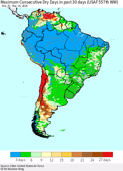 South America Maximum Consecutive Dry Days in past 30 days (USAF 557th WW) 03/25/2024 Thematic Map For 3/21/2024 - 3/25/2024