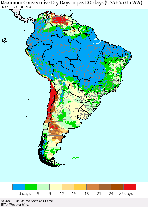 South America Maximum Consecutive Dry Days in past 30 days (USAF 557th WW) 03/31/2024 Thematic Map For 3/26/2024 - 3/31/2024