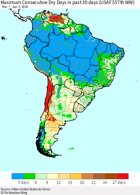 South America Maximum Consecutive Dry Days in past 30 days (USAF 557th WW) 04/05/2024 Thematic Map For 4/1/2024 - 4/5/2024