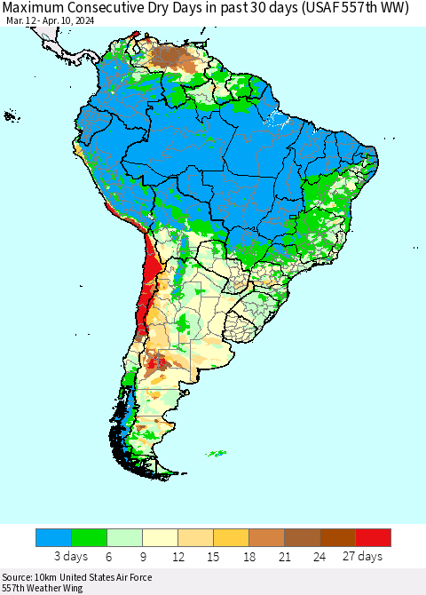 South America Maximum Consecutive Dry Days in past 30 days (USAF 557th WW) 04/10/2024 Thematic Map For 4/6/2024 - 4/10/2024