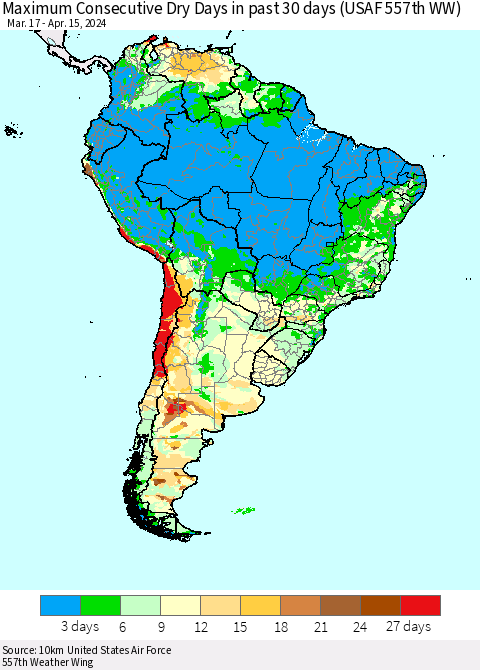 South America Maximum Consecutive Dry Days in past 30 days (USAF 557th WW) 04/15/2024 Thematic Map For 4/11/2024 - 4/15/2024