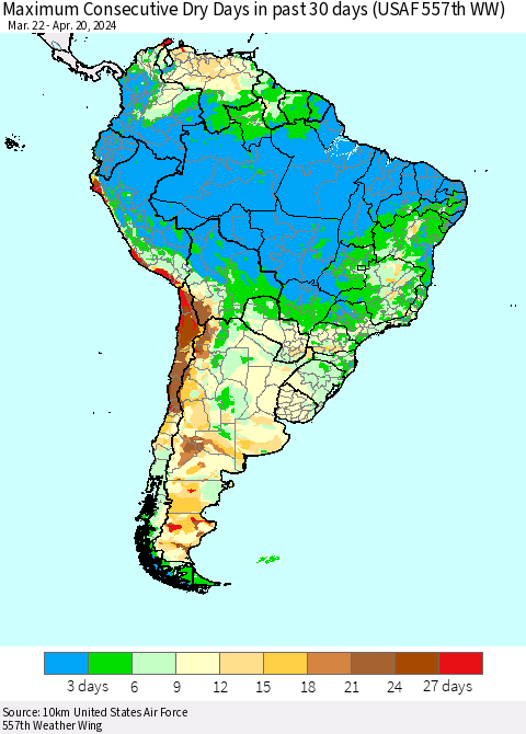 South America Maximum Consecutive Dry Days in past 30 days (USAF 557th WW) 04/20/2024 Thematic Map For 4/16/2024 - 4/20/2024