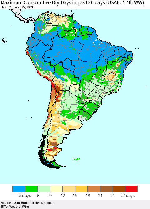 South America Maximum Consecutive Dry Days in past 30 days (USAF 557th WW) 04/25/2024 Thematic Map For 4/21/2024 - 4/25/2024