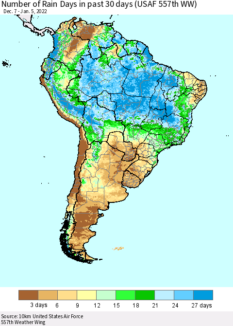 South America Number of Rain Days in past 30 days (USAF 557th WW) 01/05/2022 Thematic Map For 1/1/2022 - 1/5/2022