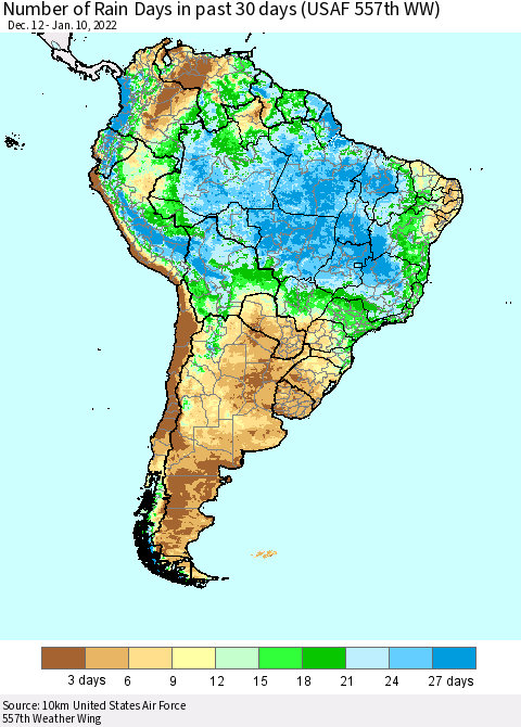 South America Number of Rain Days in past 30 days (USAF 557th WW) 01/10/2022 Thematic Map For 1/6/2022 - 1/10/2022