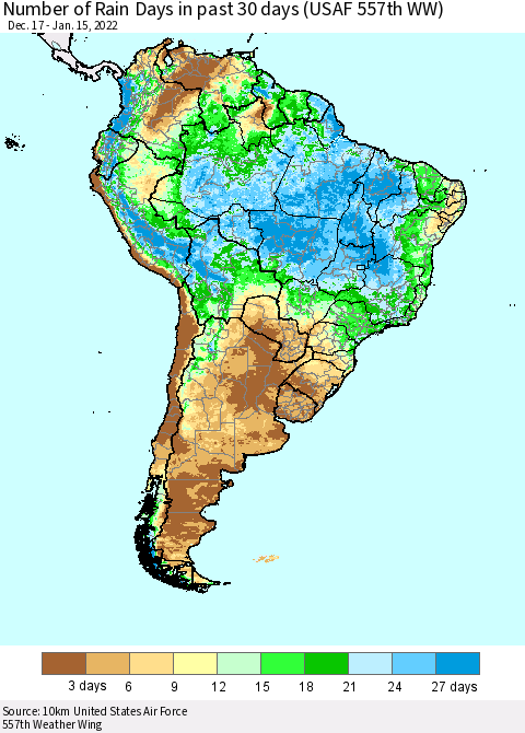 South America Number of Rain Days in past 30 days (USAF 557th WW) 01/15/2022 Thematic Map For 1/11/2022 - 1/15/2022