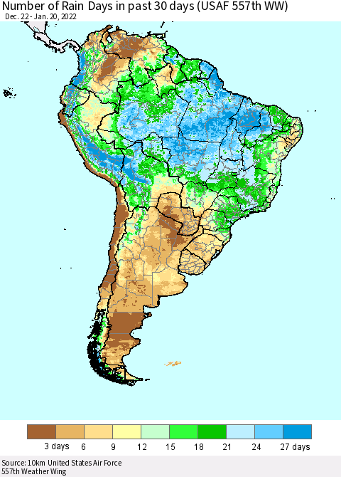 South America Number of Rain Days in past 30 days (USAF 557th WW) 01/20/2022 Thematic Map For 1/16/2022 - 1/20/2022