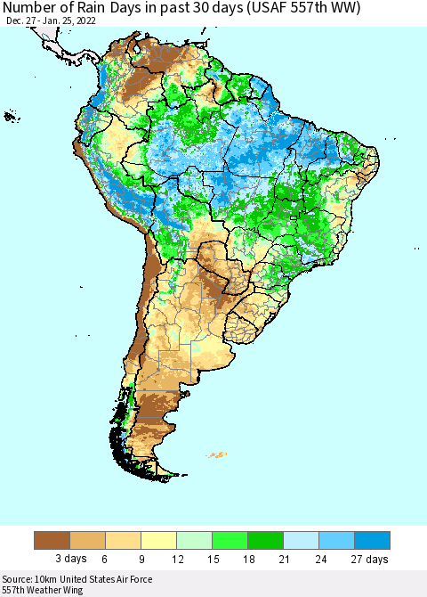 South America Number of Rain Days in past 30 days (USAF 557th WW) 01/25/2022 Thematic Map For 1/21/2022 - 1/25/2022