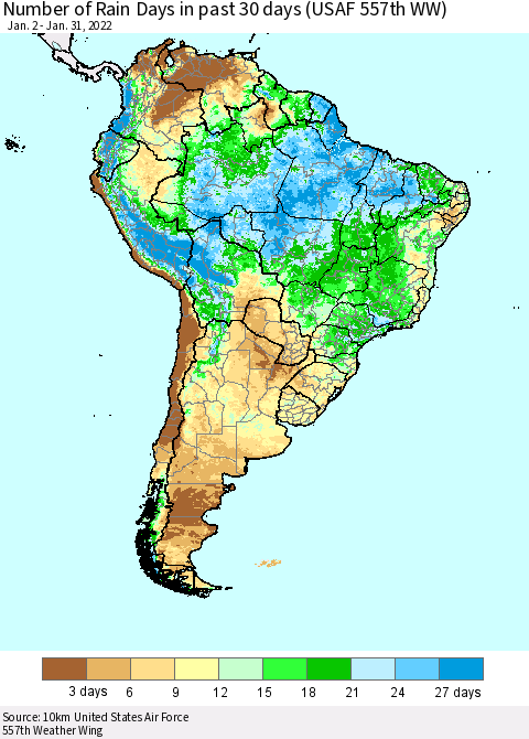 South America Number of Rain Days in past 30 days (USAF 557th WW) 01/31/2022 Thematic Map For 1/26/2022 - 1/31/2022