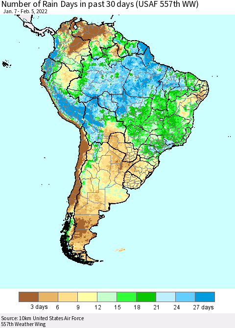 South America Number of Rain Days in past 30 days (USAF 557th WW) 02/05/2022 Thematic Map For 2/1/2022 - 2/5/2022