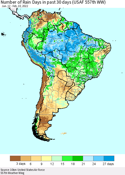 South America Number of Rain Days in past 30 days (USAF 557th WW) 02/10/2022 Thematic Map For 2/6/2022 - 2/10/2022