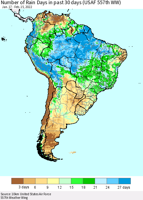 South America Number of Rain Days in past 30 days (USAF 557th WW) 02/15/2022 Thematic Map For 2/11/2022 - 2/15/2022