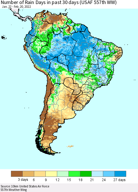 South America Number of Rain Days in past 30 days (USAF 557th WW) 02/20/2022 Thematic Map For 2/16/2022 - 2/20/2022