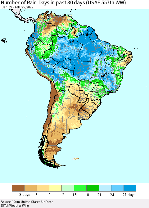 South America Number of Rain Days in past 30 days (USAF 557th WW) 02/25/2022 Thematic Map For 2/21/2022 - 2/25/2022