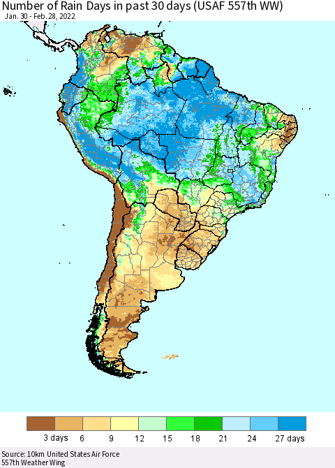 South America Number of Rain Days in past 30 days (USAF 557th WW) 02/28/2022 Thematic Map For 2/26/2022 - 2/28/2022