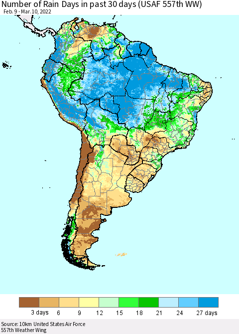 South America Number of Rain Days in past 30 days (USAF 557th WW) 03/10/2022 Thematic Map For 3/6/2022 - 3/10/2022