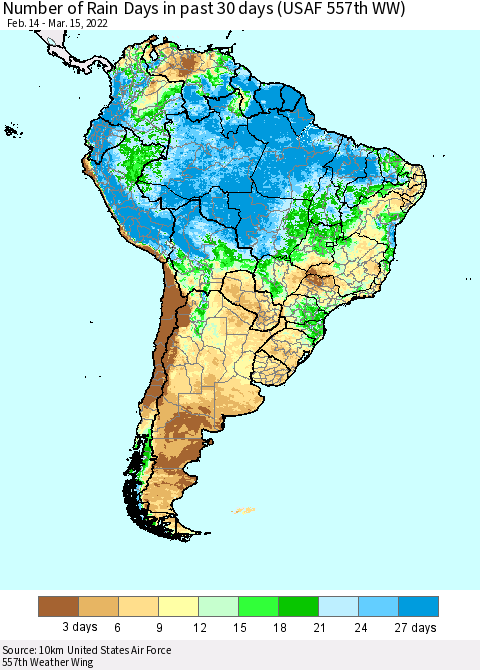 South America Number of Rain Days in past 30 days (USAF 557th WW) 03/15/2022 Thematic Map For 3/11/2022 - 3/15/2022