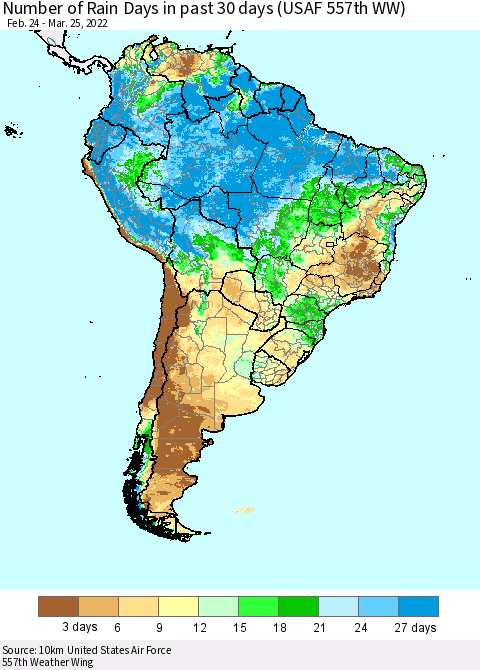 South America Number of Rain Days in past 30 days (USAF 557th WW) 03/25/2022 Thematic Map For 3/21/2022 - 3/25/2022