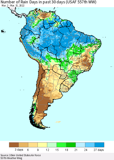 South America Number of Rain Days in past 30 days (USAF 557th WW) 03/31/2022 Thematic Map For 3/26/2022 - 3/31/2022