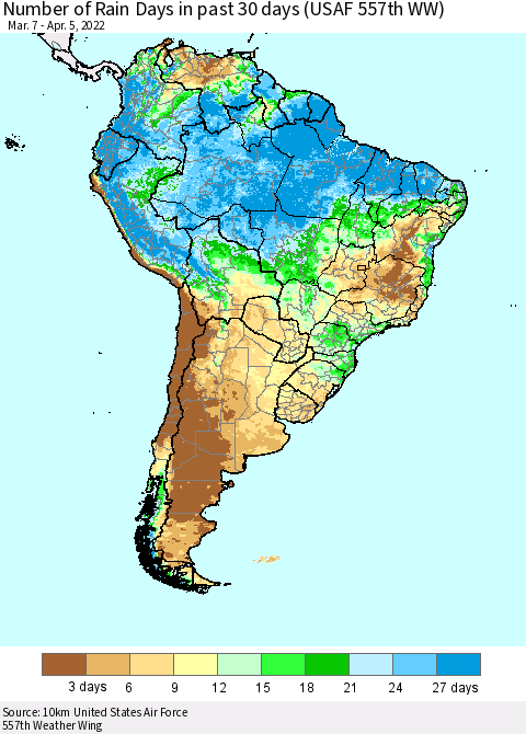 South America Number of Rain Days in past 30 days (USAF 557th WW) 04/05/2022 Thematic Map For 4/1/2022 - 4/5/2022