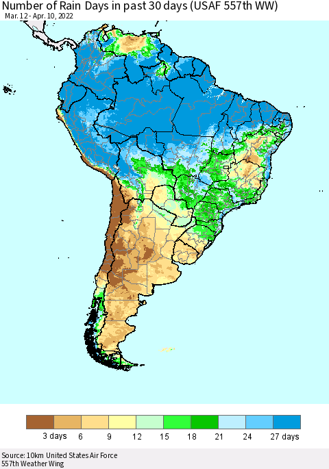 South America Number of Rain Days in past 30 days (USAF 557th WW) 04/10/2022 Thematic Map For 4/6/2022 - 4/10/2022