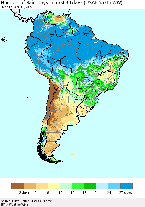 South America Number of Rain Days in past 30 days (USAF 557th WW) 04/15/2022 Thematic Map For 4/11/2022 - 4/15/2022