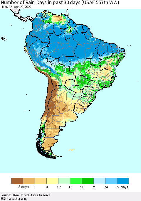 South America Number of Rain Days in past 30 days (USAF 557th WW) 04/20/2022 Thematic Map For 4/16/2022 - 4/20/2022