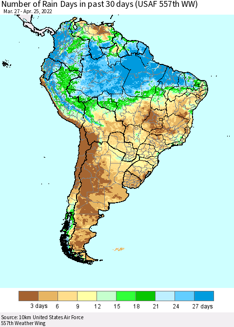 South America Number of Rain Days in past 30 days (USAF 557th WW) 04/25/2022 Thematic Map For 4/21/2022 - 4/25/2022