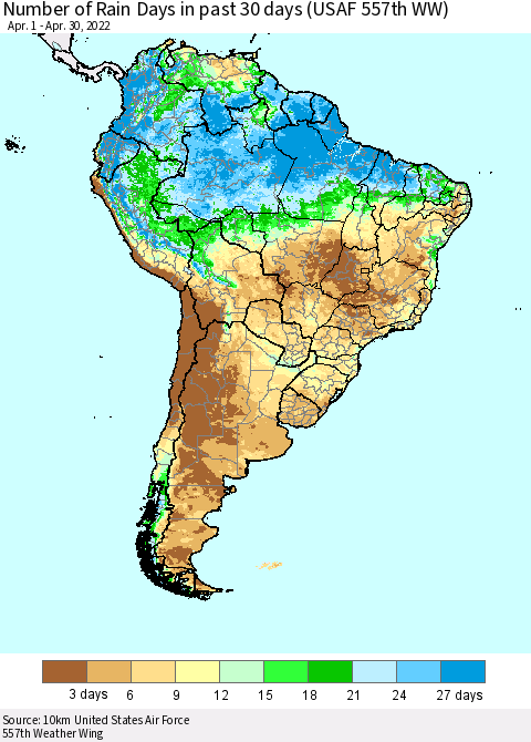 South America Number of Rain Days in past 30 days (USAF 557th WW) 04/30/2022 Thematic Map For 4/26/2022 - 4/30/2022