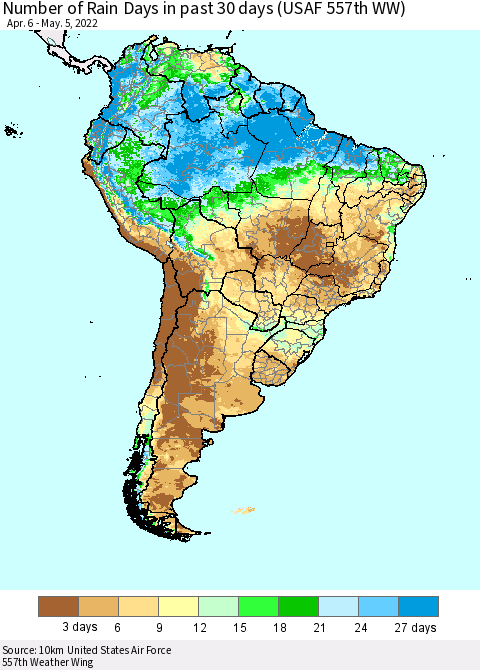 South America Number of Rain Days in past 30 days (USAF 557th WW) 05/05/2022 Thematic Map For 5/1/2022 - 5/5/2022