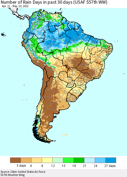South America Number of Rain Days in past 30 days (USAF 557th WW) 05/10/2022 Thematic Map For 5/6/2022 - 5/10/2022