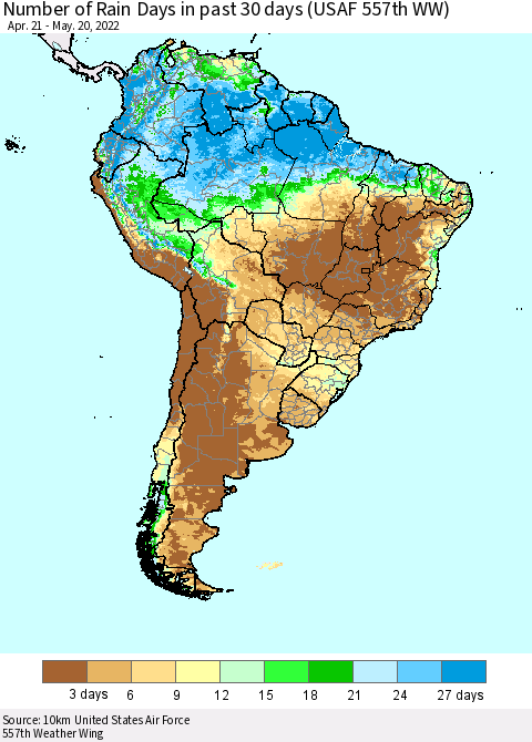 South America Number of Rain Days in past 30 days (USAF 557th WW) 05/20/2022 Thematic Map For 5/16/2022 - 5/20/2022