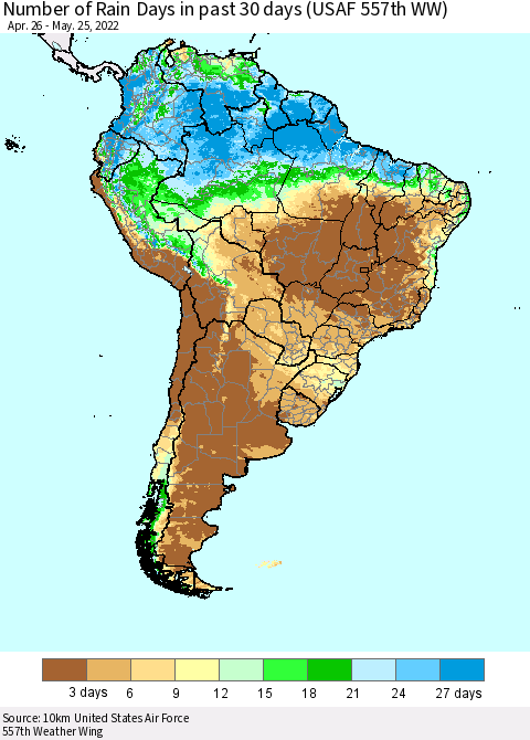 South America Number of Rain Days in past 30 days (USAF 557th WW) 05/25/2022 Thematic Map For 5/21/2022 - 5/25/2022