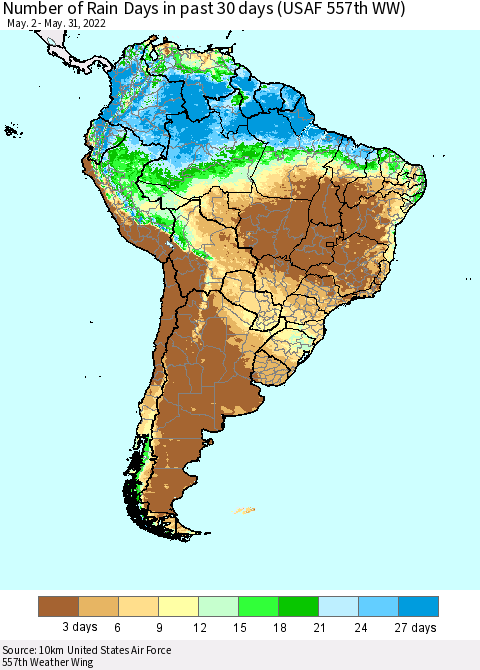 South America Number of Rain Days in past 30 days (USAF 557th WW) 05/31/2022 Thematic Map For 5/26/2022 - 5/31/2022