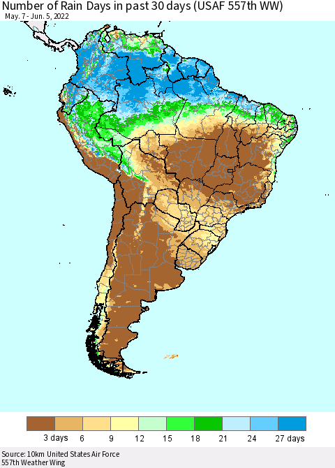 South America Number of Rain Days in past 30 days (USAF 557th WW) 06/05/2022 Thematic Map For 6/1/2022 - 6/5/2022
