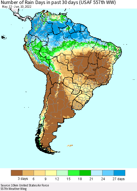 South America Number of Rain Days in past 30 days (USAF 557th WW) 06/10/2022 Thematic Map For 6/6/2022 - 6/10/2022