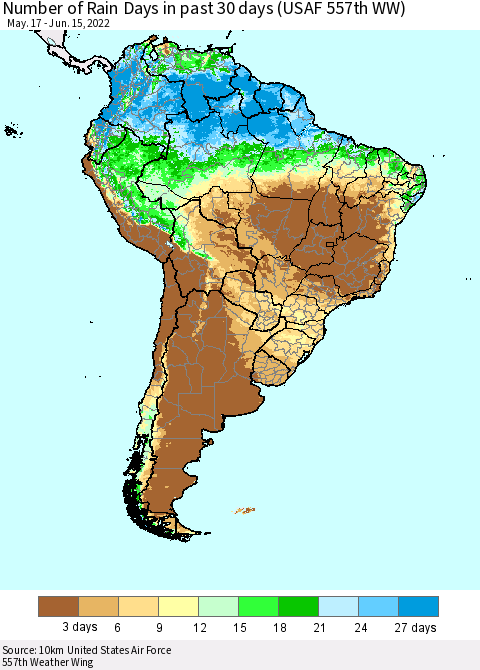South America Number of Rain Days in past 30 days (USAF 557th WW) 06/15/2022 Thematic Map For 6/11/2022 - 6/15/2022