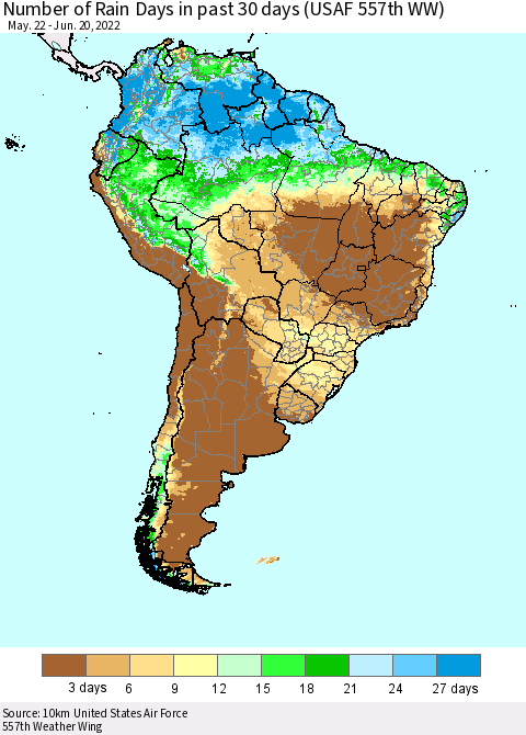 South America Number of Rain Days in past 30 days (USAF 557th WW) 06/20/2022 Thematic Map For 6/16/2022 - 6/20/2022