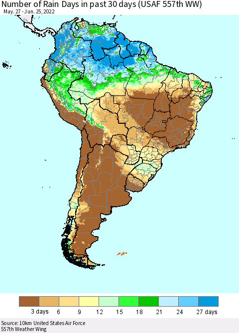 South America Number of Rain Days in past 30 days (USAF 557th WW) 06/25/2022 Thematic Map For 6/21/2022 - 6/25/2022
