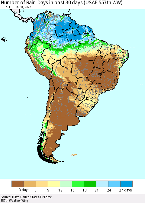 South America Number of Rain Days in past 30 days (USAF 557th WW) 06/30/2022 Thematic Map For 6/26/2022 - 6/30/2022