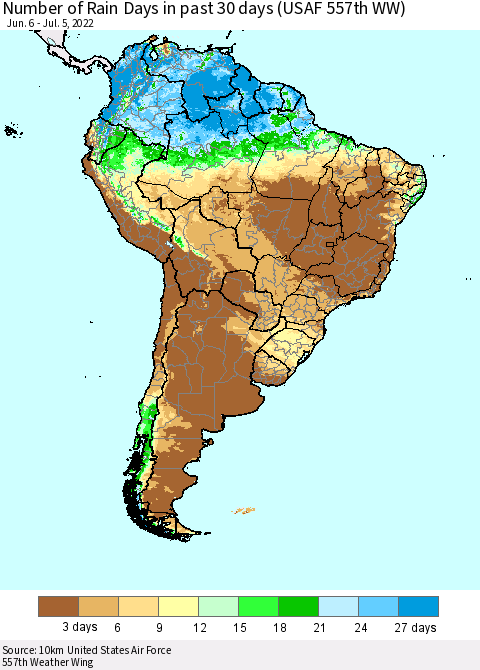 South America Number of Rain Days in past 30 days (USAF 557th WW) 07/05/2022 Thematic Map For 7/1/2022 - 7/5/2022